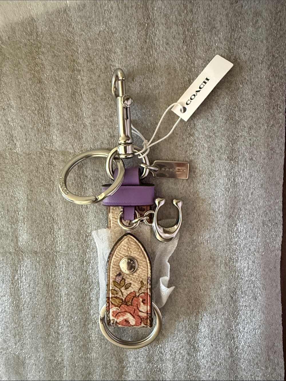 Coach Floral Print & Lavender Leather Key Holder with Silver Hardware